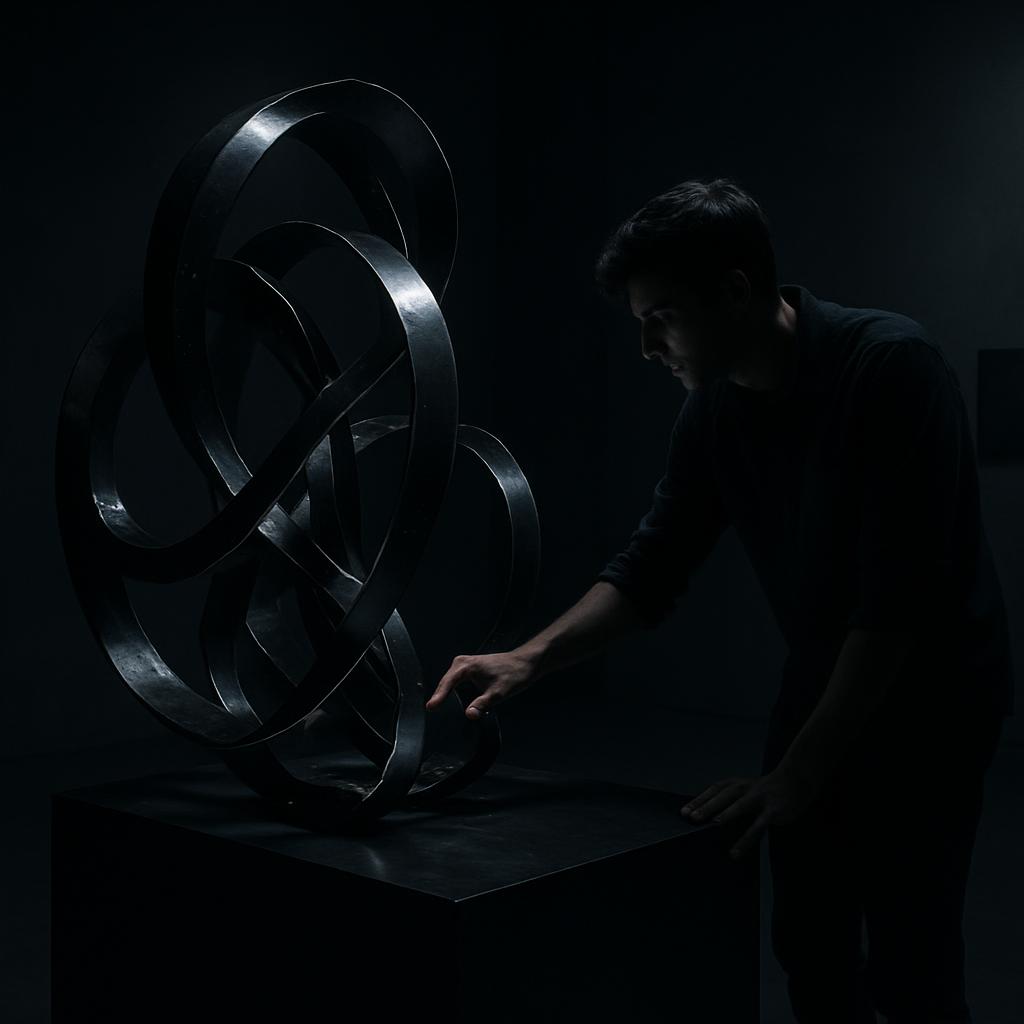 A person manipulating a dark, abstract sculpture, set against a dark background.