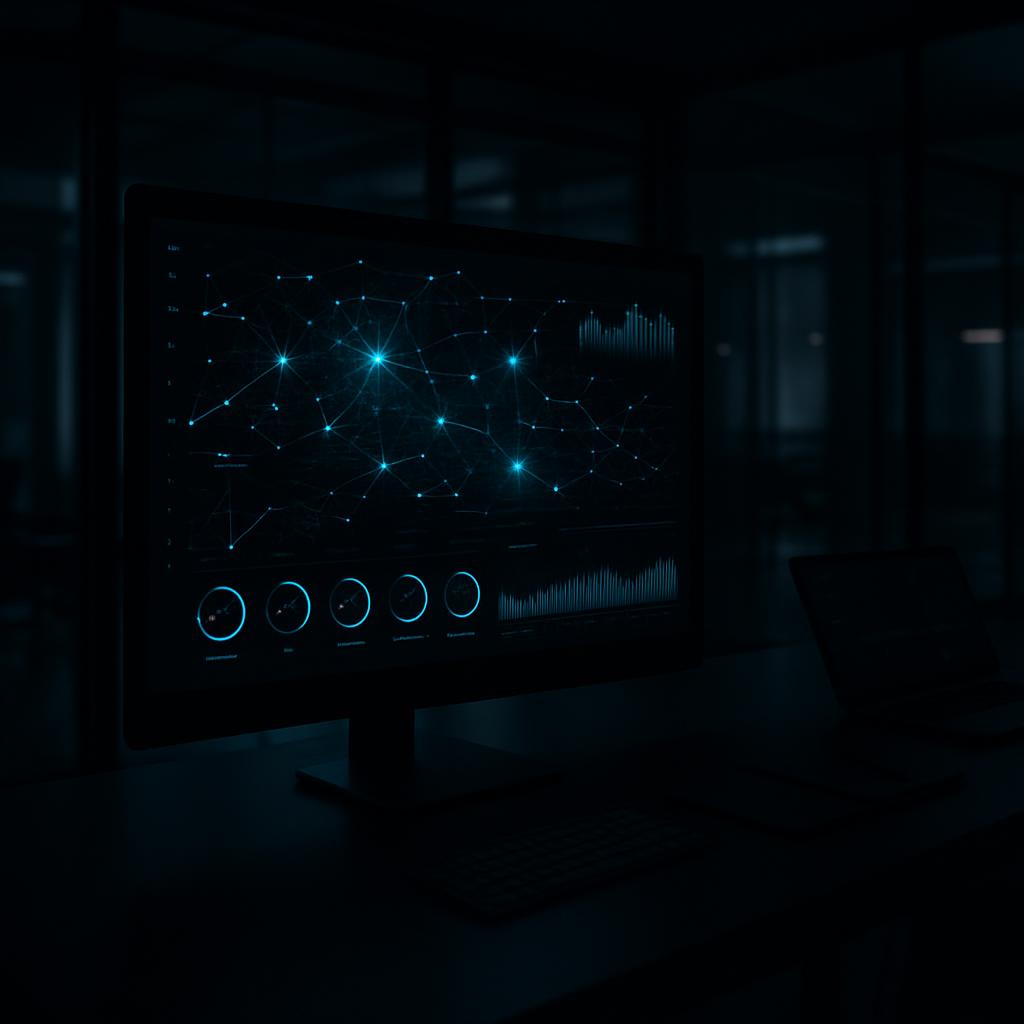 A darkened room with a computer monitor displaying a screen with various charts and graphs, suggesting a data analysis or ...