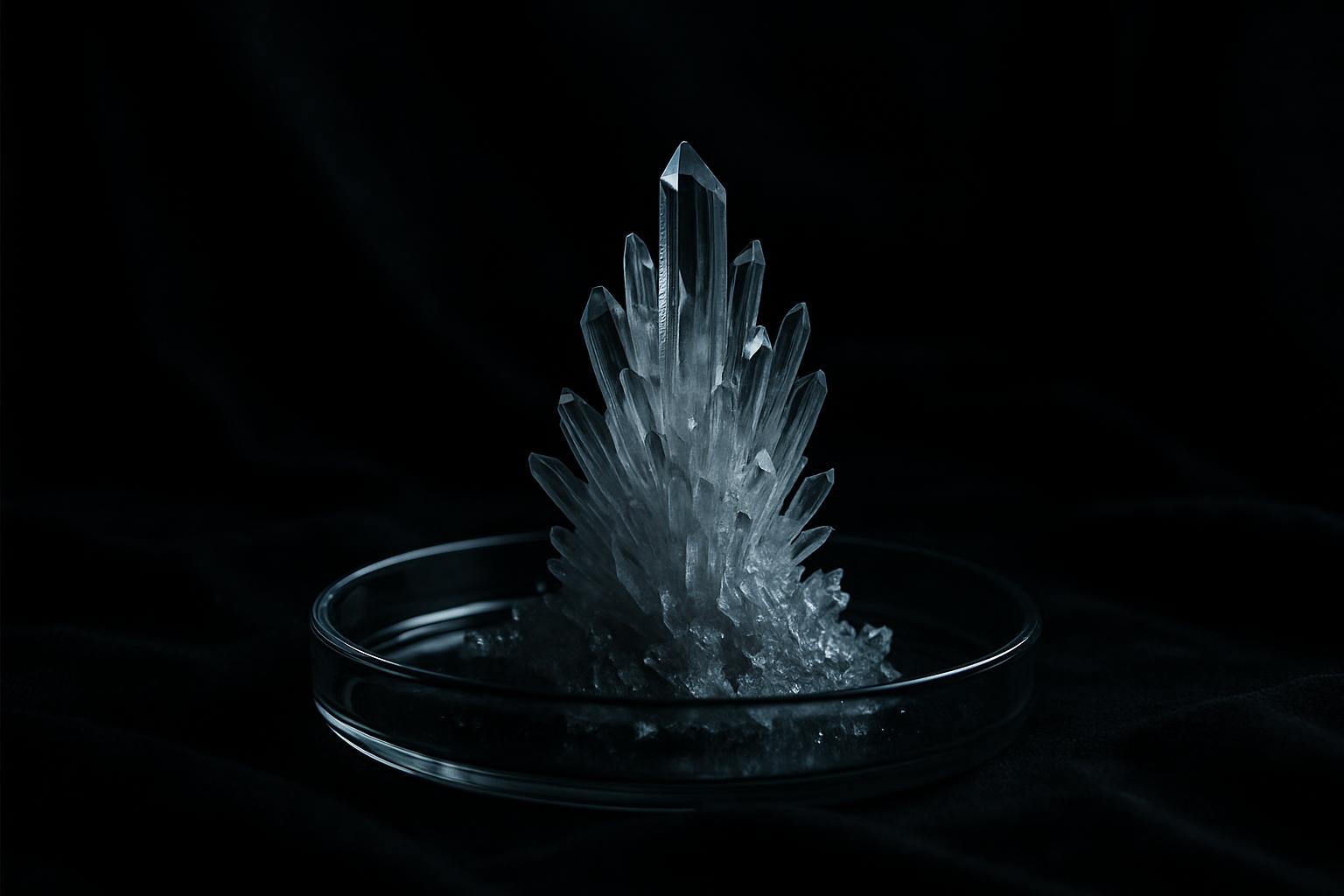 A single clear glass crystal sits in an empty petri dish, displayed in a 45-degree angle facing the camera. The crystal ap...