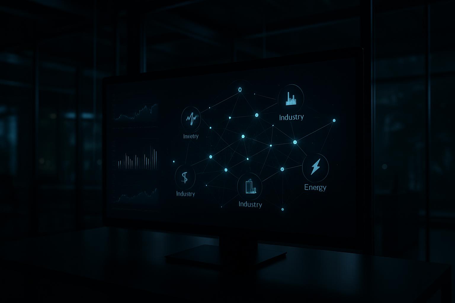 Energy and industry icons on a computer screen in a dark room.