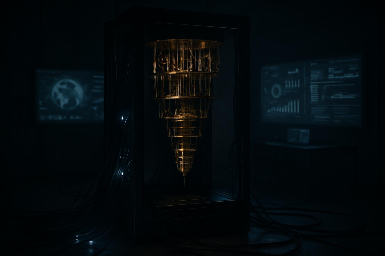 Here is the alt text for the image: "Dark room with a large, glowing metal object on the left, surrounded by cables and sc...