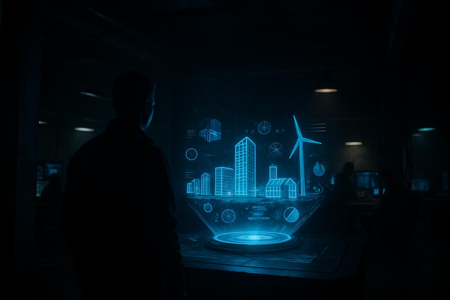 There appears to be a futuristic holographic display of blue buildings and a wind turbine floating in midair in an otherwi...
