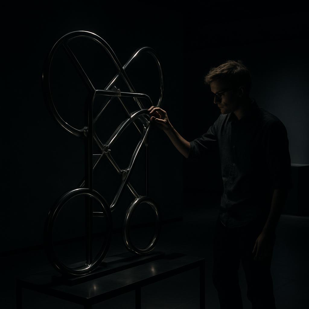 A young man is inspecting a large, intricate metal sculpture in a dimly lit room.