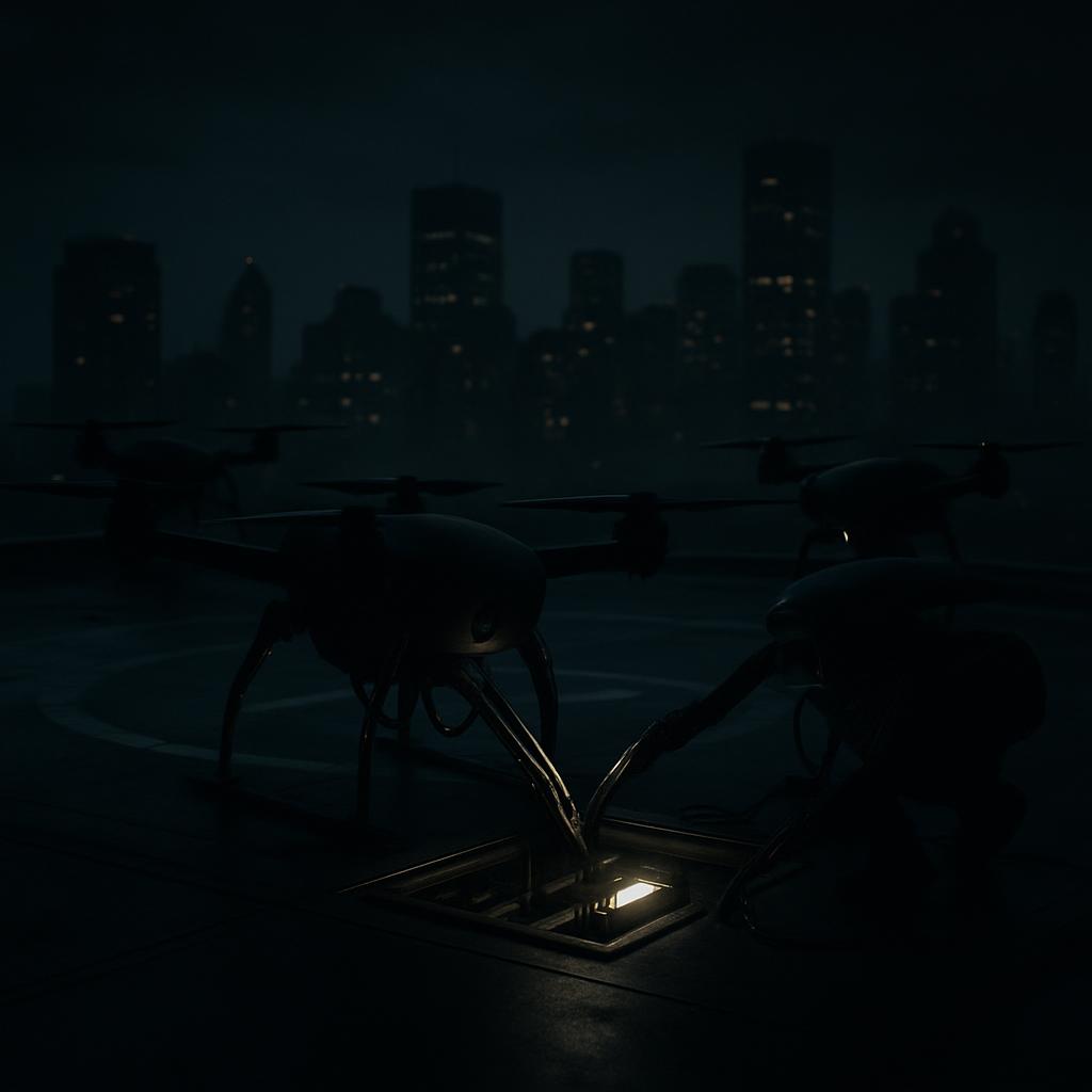 The image depicts a futuristic scene set in a city, with large, jellyfish-like creatures and a dark, industrial cityscape ...