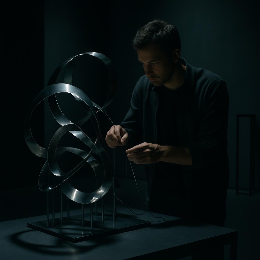 An individual in dark attire scrunches a black wire with a complex, metallic object in the background.