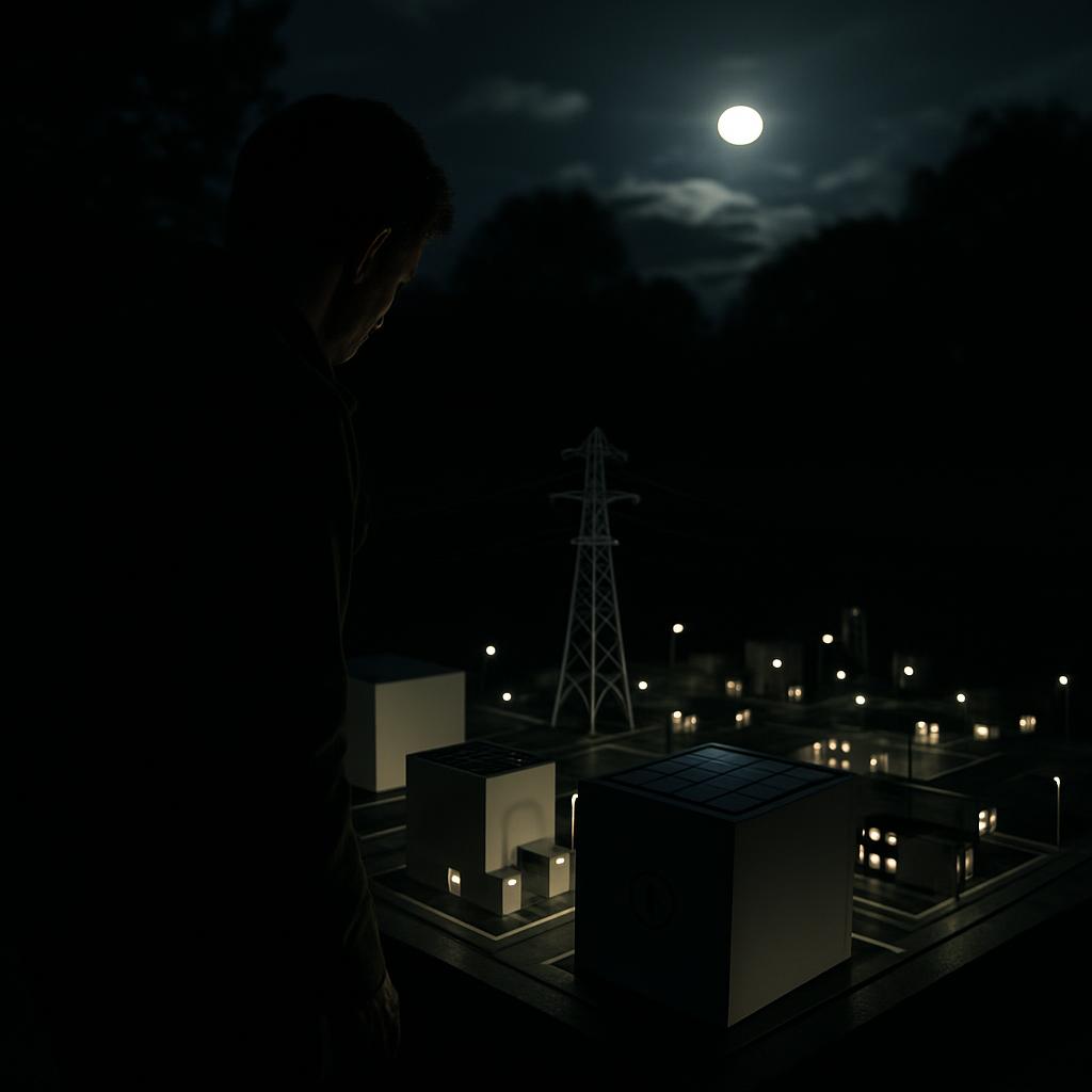 a man alone in front of an industrial factory and a bright moon in the night sky
