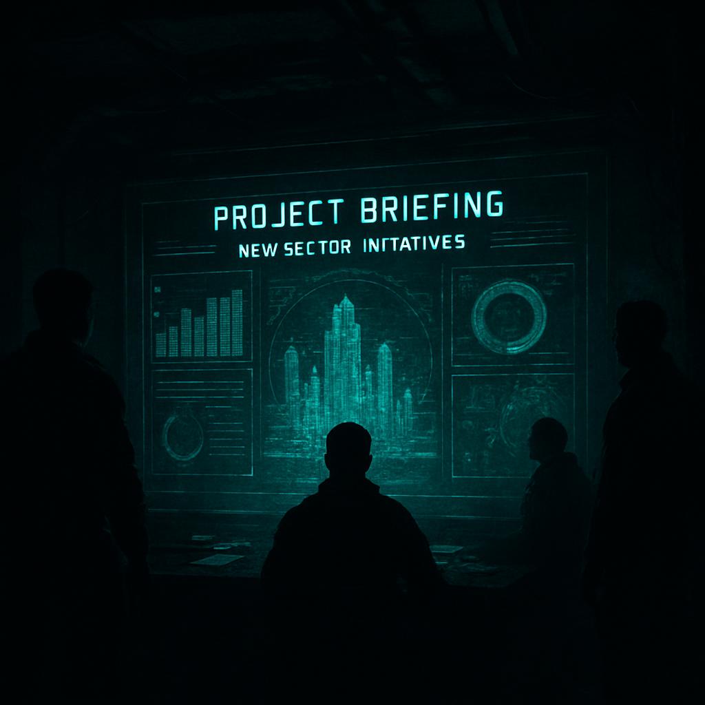 The alt text for the image is: 'A futuristic cityscape in shades of blue and green is displayed on a high-tech screen, bel...