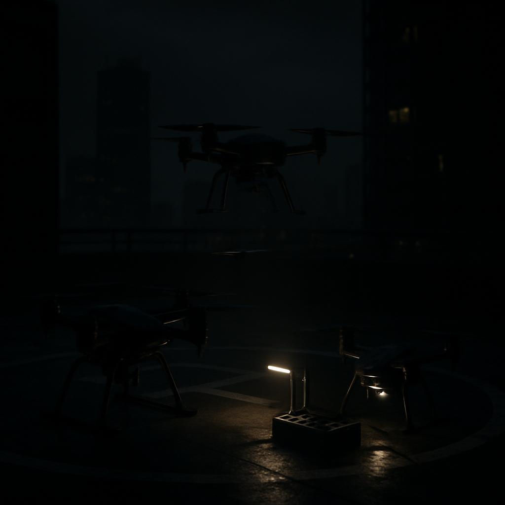 An image of a drone with a dark room in the foreground.