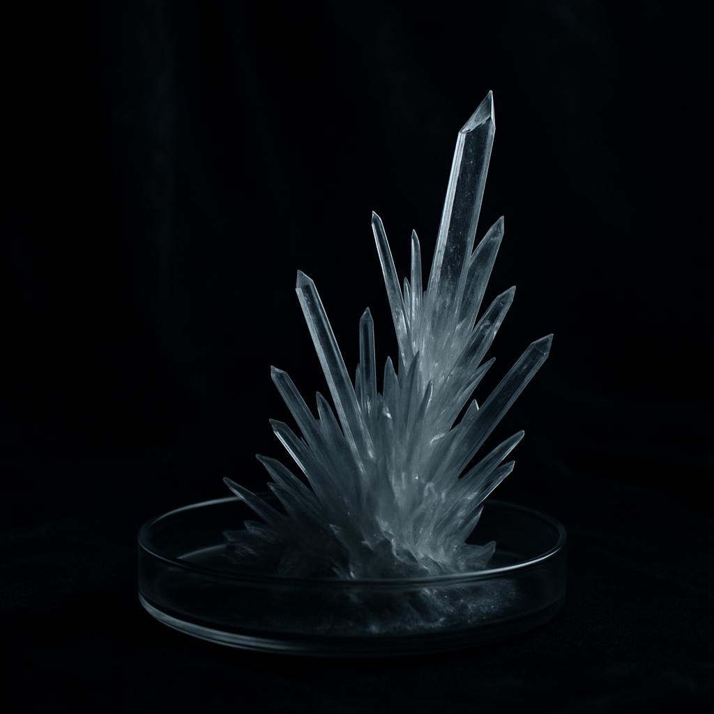 a crystal cluster between clear glass.